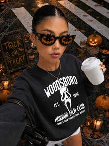 Sweat-shirt col ras-du-cou pour femmes avec motif de visage de fantôme de film d'horreur, Top ample et décontracté de style sombre pour Halloween, choix idéal pour l'automne - Noir - Voir 2
