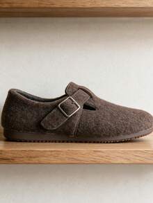 Women's Thermal Lined Warm Buckle Design Wool Felt Closed Toe Flat Shoes, Retro Slouchy Casual Daily Commute Outdoor Wear - Brown - View 7