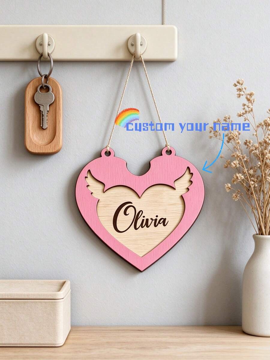 1pc Personalized Double-Layer Wooden Heart Name Decor, Custom Heart-Shaped Name Plaque, Layered Wood Tabletop Sign, Personalized Desktop Ornament, Romantic Home Decor, Couple Gift, Wedding Anniversary Gift, Bedroom Decoration - Multicolor - View 1
