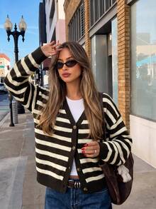 SUNSTORY Women's Autumn/Winter Minimalist Elegant Striped Placket Knit Cardigan Casual Top For Commuting, Shopping, Halloween - Multicolor - View 3