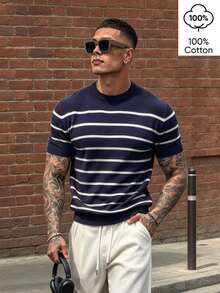 WAIT HIM 100% Cotton Men's Casual Colorblock Striped Knit Top - Blue and White - View 9