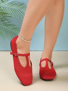 Women's Mesh Mary Jane Flat Shoes, Square Toe Hollow Breathable Buckle Strap Vintage Commute Loafers - Red - View 4