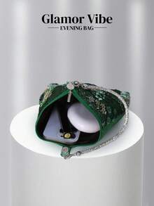 亮片晚宴手拿包，亮片刺繡工藝，3D花卉（隨機圖案），婚禮必備配件，情人節禮物，適用於婚禮、度假、畢業季、晚宴及其他正式場合，亦可作為日常穿搭的百搭配件 - 綠色 - 查看 6