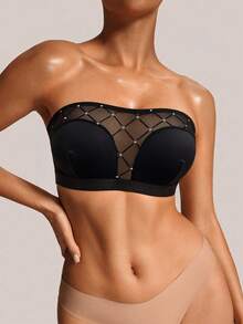 Women's Shiny Fabric Patchwork Comfortable Strapless Bra, Elegant Sexy Bandeau Lingerie - Black - View 3