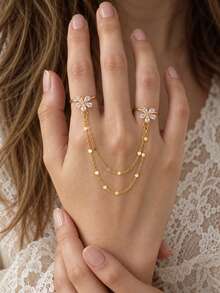 1 pieza Anillo de cadena doble para dedos con strass floral exquisito, anillo de cadena de lentejuelas de múltiples hilos conectado, accesorio decorativo diario - diamantes de imitación - Ver 3