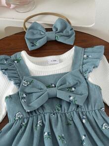 2pcs Baby Girl Cute Mori Style Long Sleeve Ribbed Romper & Printed Corduroy Dress With Headband Set, Spring/Autumn - Dusty Blue - View 5
