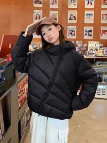 Women's Solid Color Long Sleeve Zip-Up Hooded Winter Padded Coat - Black - View 6