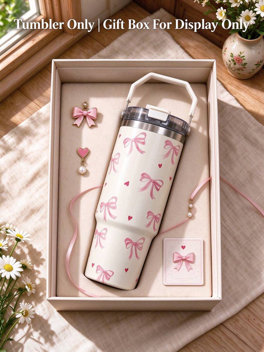 1pc 900ml (33.44oz) Valentine's Day Stainless Steel Insulated Coffee Mug With Handle And Straw, Cute Bow And Heart Design, Dual-Sip Lid For Hot And Cold Drinks, Iced Coffee And Oat Milk, Couple Water Cup Perfect For Home, Office, Outdoor Use, Ideal Gift For Best Friends, Birthday Or Christmas