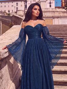 Women's Romantic Off-Shoulder Long Sleeve Ball Gown, Charming Blue Knit Fabric Fitted Waist Zipper Detail Dress, Suitable For Formal Occasions - Royal Blue - View 3
