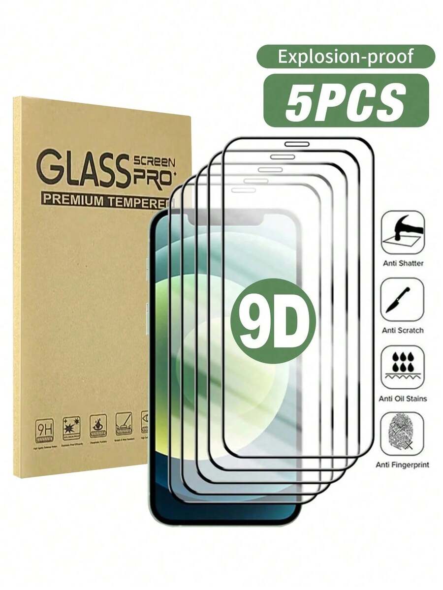5PCS Super 9D Tempered Glass Screen Protector, Compatible With IPhone 18 Pro Max/18 Pro/18 Duo/17/17Pro/17Air/17Pro Max/16/16Pro/16Pro Max/15/15Pro/15Pro Max/14/14Pro/14Pro Max/13/13Pro/13Pro Max/12/11/XS/8/7, Anti-Scratch, Anti-Shock, Anti-Fingerprint, 9H Hardness, Easy Installation. - Black - View 1