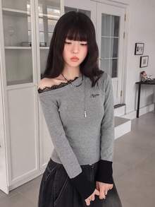 Grey Lace Patchwork Ruffle Asymmetrical Shoulder Long Sleeve Knit Sweater Women Autumn/Winter Design Letter Embroidery Top - Light Gray - View 7