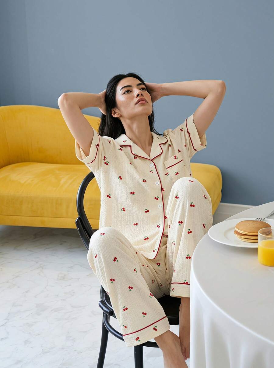 Joivida 3pcs/Set Bubble Textured Cherry Print Sleepwear Set For Women - Short Sleeve Button Collar Top And Shorts And Pants, Cozy - Beige - View 1