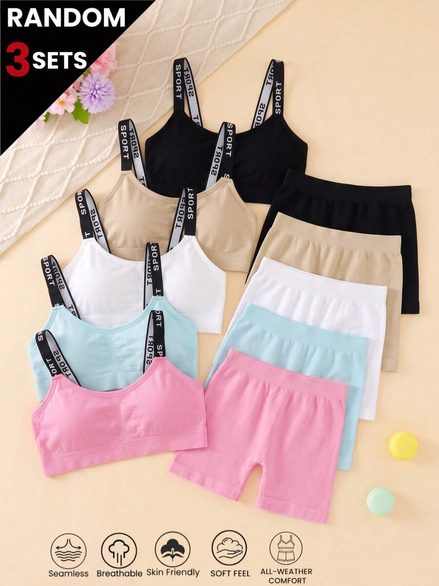 Set Bra dan Celana Pendek Olahraga Tanpa Jahitan 3 Potong untuk Anak Perempuan, Warna Acak, Bantalan yang Dapat Dilepas, Pakaian Dalam Dasar Sehari-hari Musim Gugur/Dingin - MultiWarna - View 1