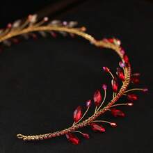 1pc Ruby Red Crystal & Rhinestone Pendant Headband Gold Wire Princess Tiara Crown Bridal Wedding Party Hair Accessories - Red - View 7