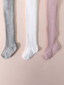 3 Pairs Girls' Solid Color Leggings, Vertical Striped Tights, Simple Versatile Children's Pantyhose, Elastic & Comfortable, All Season - Multicolor - View 7