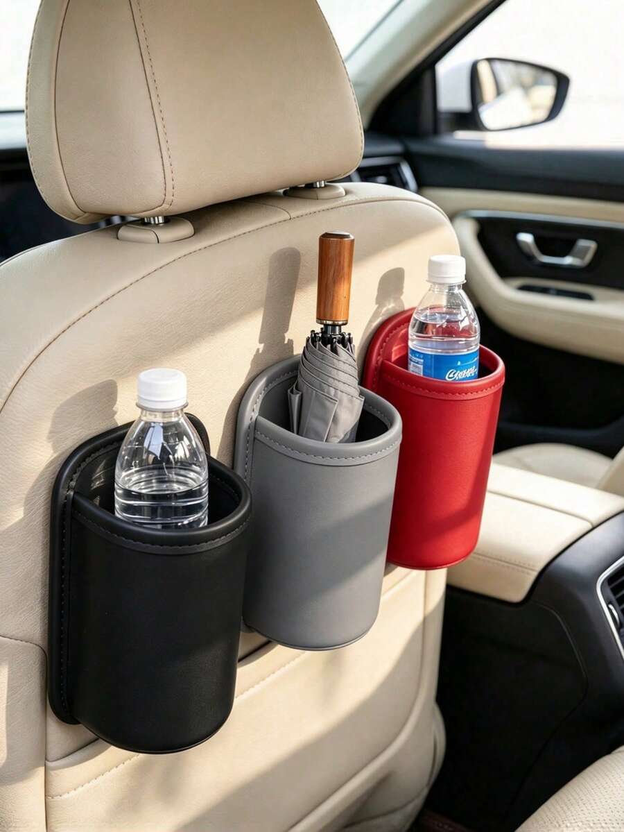 1pc Solid Burgundy Car Seat Back Storage Holder, Minimalist Style Faux Leather Round Shape Pocket Organizer, Stitched Edge Hanging Design, Multi-Purpose Storage Bag For Umbrella Wet Wipes, Ideal For Daily Car Use, Road Trip & All Season Travel Scene - Multicolor - View 1