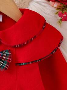 Baby Girl Autumn/Winter Red Overcoat, Double Layer Peter Pan Collar Plaid Trim Bow Single-Breasted A-Line Long Jacket - Red - View 4