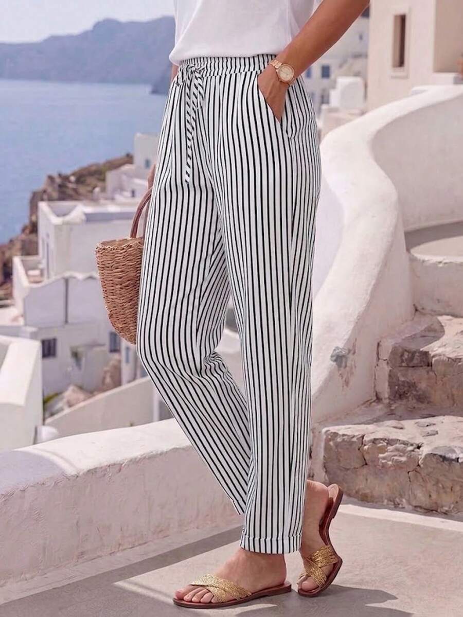 Plus Size Women's Striped Drawstring Waist Pocket Casual Pants - Black - View 1