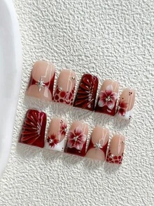 秋季 10片裝緋紅花瓣風手工穿戴甲 Polygel 凝膠美甲套組，花卉設計，白色與酒紅指甲油，精緻浪漫風，3種尺寸可選，杏仁甲、鴨嘴甲、棺材甲，適合派對、舞會、日常配戴（手工細節可能有所不同） - 彩色 - 查看 15