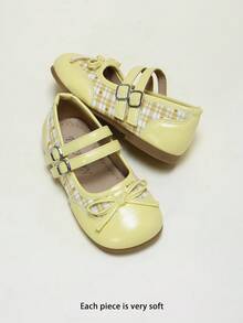Sepatu Flat Mary Jane Mengkilap Motif Kotak-kotak untuk Anak Perempuan, Tali Gesper Ganda, Pita, Ujung Bulat, Sol Lembut, Musim Gugur 2026 - Kuning - View 6