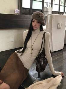 Autumn/Winter Solid Color Long Sleeve Turtleneck T-Shirt - Apricot - View 3