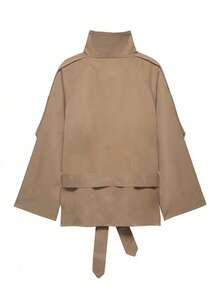 Women's Short Stand Collar Trench Coat, Long Sleeve Button Front Woven Fabric Jacket, Autumn/Winter Fashion Choice - Khaki - View 10