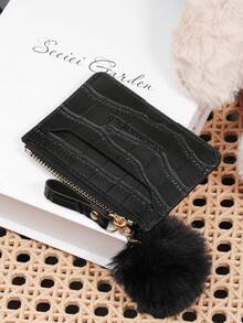 Fashionable Animal Pattern Zipper Multi Slot Card Bag, Adorned With A Delicate Pom-Pom, Large Capacity Credit Card Package, Suitable For Outdoor Use - Black - View 6