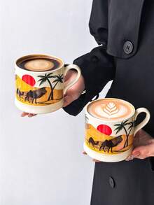 1pc Desert Camel Sunset Ceramic Mug, Middle Eastern Style Arabic Coffee Cup, Palm Tree Pattern Household Breakfast Cup, Water Cup, Tea Cup, Suitable For Brewing Coffee, Tea, Daily Use - Multicolor - View 3