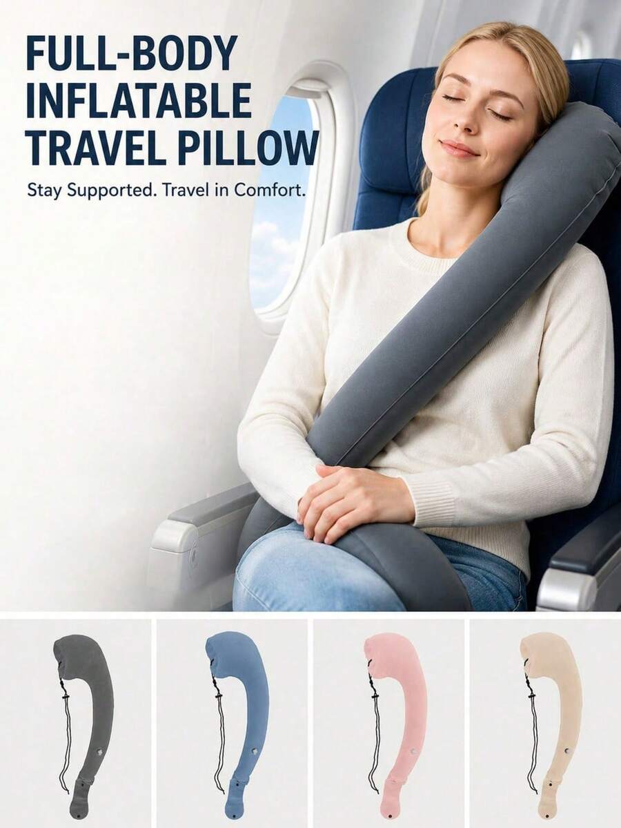 Modern Simple Style Inflatable Travel Neck Pillow,Press Air Valve & Snap Button Fastener With Removable Outer Cover, Full Body Anti-Slip Head Support, For Airplane Car Train Office Nap, Holiday Trip, All Year Round Travel Rest Accessory