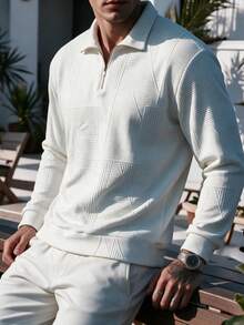 Men's Geometric Textured Jacquard Half-Zip Polo Collar Sweatshirt, Comfortable Casual Autumn/Winter Commuter Style - Multicolor - View 2