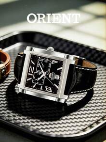 Men's ORIENT Square Automatic Mechanical Watch, Crocodile Embossed Black Leather Strap, Pure Black Dial, Day & Date Display, Suitable For Business And Formal Occasions - Black - View 4