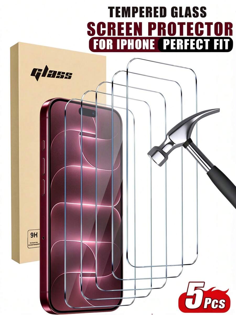 5PCS Full Coverage Tempered Glass Screen Protector, Anti-Collision, Anti-Scratch, Smooth Surface, Easy Installation, Crystal Clear, Smooth Touch, 9H Hardness, Compatible With Phone Cases, Compatible With IPhone Ultra/18 Pro Max/18 Pro/18/17e/17 Pro Max/17 Pro/17 Air/17/16 Pro Max/16 Pro/16 Plus/16/15 Pro Max/15/14/13/12/11 And Other Models. Suitable Compatible With Iphone Screen Protector. - Clear - View 1