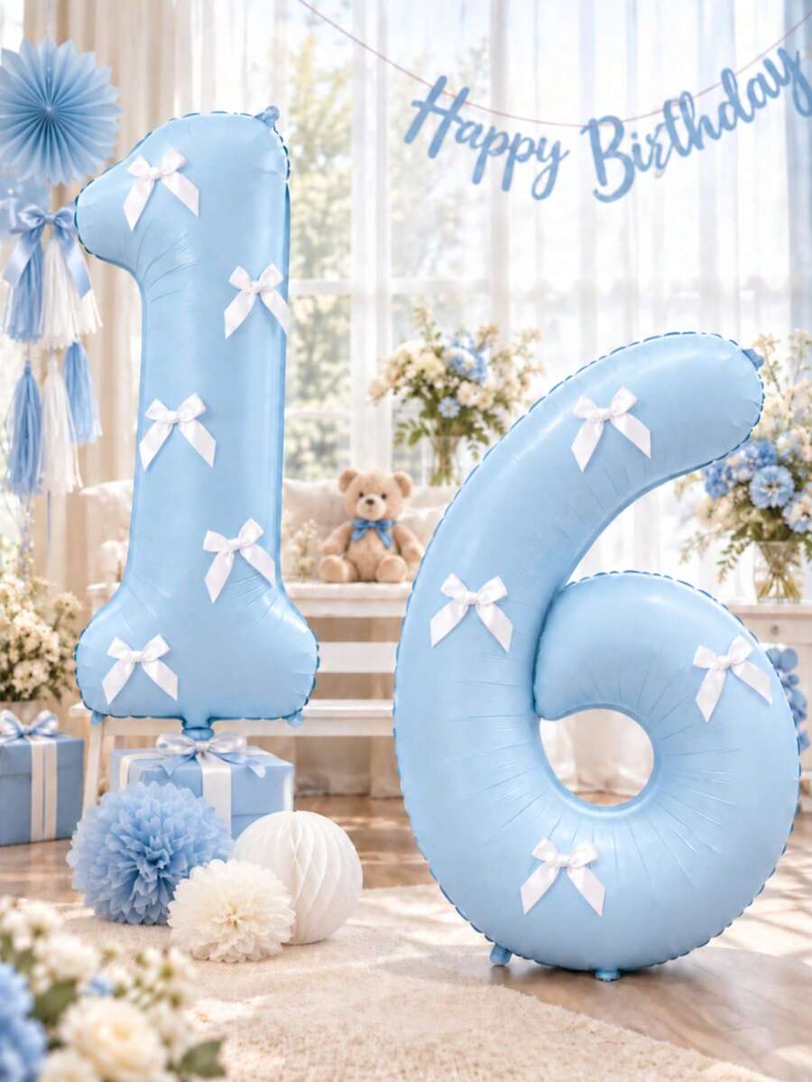 6件組 40英吋大號淺藍色數字「0-9」氣球,含5件蝴蝶結與1件數字氣球,可充氦氣,適用生日派對、婚禮、週年紀念、新年、節日、嘉年華生日氣球 - 淺藍色 - 查看 1