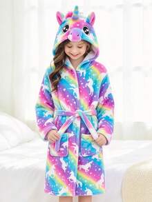 Tween Girls' Rainbow Starry Sky Unicorn Print Hooded Bathrobe - Multicolor - View 3