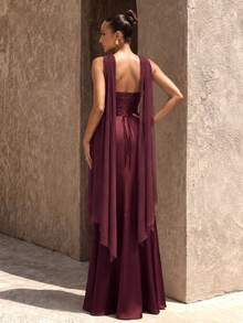 UNITHORSE Strapless Ruffle Tie Waist Satin Evening Dress - Maroon - View 4