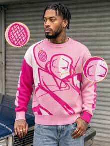 BLACKTOEXIT Men's Pink Contrast Color Crew Neck Sweater, Cartoon Tennis Character Jacquard Sleeve Letter Loose Casual Knit Pullover - Pink - View 2