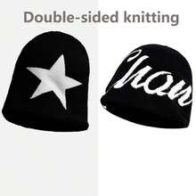 1pc Letter Jacquard Reversible Knit Hat, Ear-Flap Beanie For Hiking And Skiing, Star Jacquard Woolen Hat - CARA-double-sided Knit Beanie - View 5