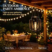 Solar Hanging Lantern, Black Metal Cage Solar Powered Pendant Light, Waterproof LED Edison Bulb Lamp, Auto On/Off Outdoor Decor Light For Garden, Patio, Porch, Tree Branch, Yard, Party, Wedding Ambient Decoration - Warm White Light - View 7