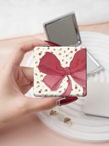 1PC Millennium Y2K Series Portable Vanity Mirror, Foldable Lightweight Ultra-Thin Convenient Hand Mirror, PU Leather, Suitable For Multiple Scenarios And All People, Foldable Small Square Mirror, Pocket Mirror, Cartoon Bow, Ditsy Floral, Rose, Cherry, Heart, Butterfly Printed Pattern Design, Exquisite Handheld 180° Flip Cover Multifunctional Mini Mirror - Multicolor - View 5