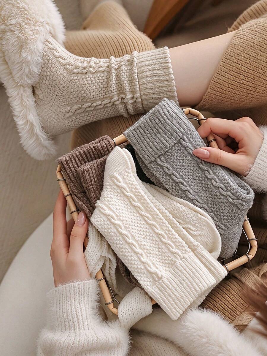 1/4/8 đôi tất dài dày ấm phong cách Nhật Bản mùa thu đông, màu trơn dễ phối đồ, họa tiết dệt nổi jacquard - Nhiều màu - Xem 1