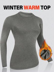 1件女款秋冬保暖刷毛內裡圓領純色長袖修身保暖上衣 - 灰色 - 查看 2