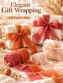 3 Rolls Chiffon Ribbon Set, Soft Frayed Edge Tulle Ribbon, Lightweight And Transparent Texture, Romantic Vintage Style Decorative Ribbon, Suitable For Gift Wrapping, Wedding Bouquets, Wedding Invitations, Party Decorations, DIY Crafts, Scrapbooking, And Halloween, Christmas, Birthday And Other Holiday Gift Wrapping Materials - Multiple Styles - View 4