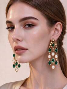 1 Pair Vintage Palace Style Emerald Green Tassel Earrings, Antique Gold Long Gemstone Dangle Earrings, Exaggerated Elegant Cocktail Party Accessories - Multicolor - View 4