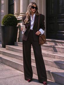 Fashionable Women's Lapel Blazer & Pleated Wide Leg Pants Set, Elegant Non-Stretch Fabric, Suitable For Autumn/Winter Office Wear, Solid Color - Chocolate Brown - View 3