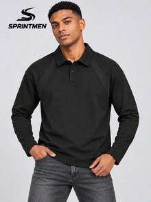 1pc Men's Black Polo Shirt, Turn-Down Collar, Double-Button Half-Placket, Raglan Ribbed Patchwork, Loose Curved Hem, Minimalist Mature Style, Long Sleeve, Suitable For Daily Commute, Street, Casual Outings - Black - View 1
