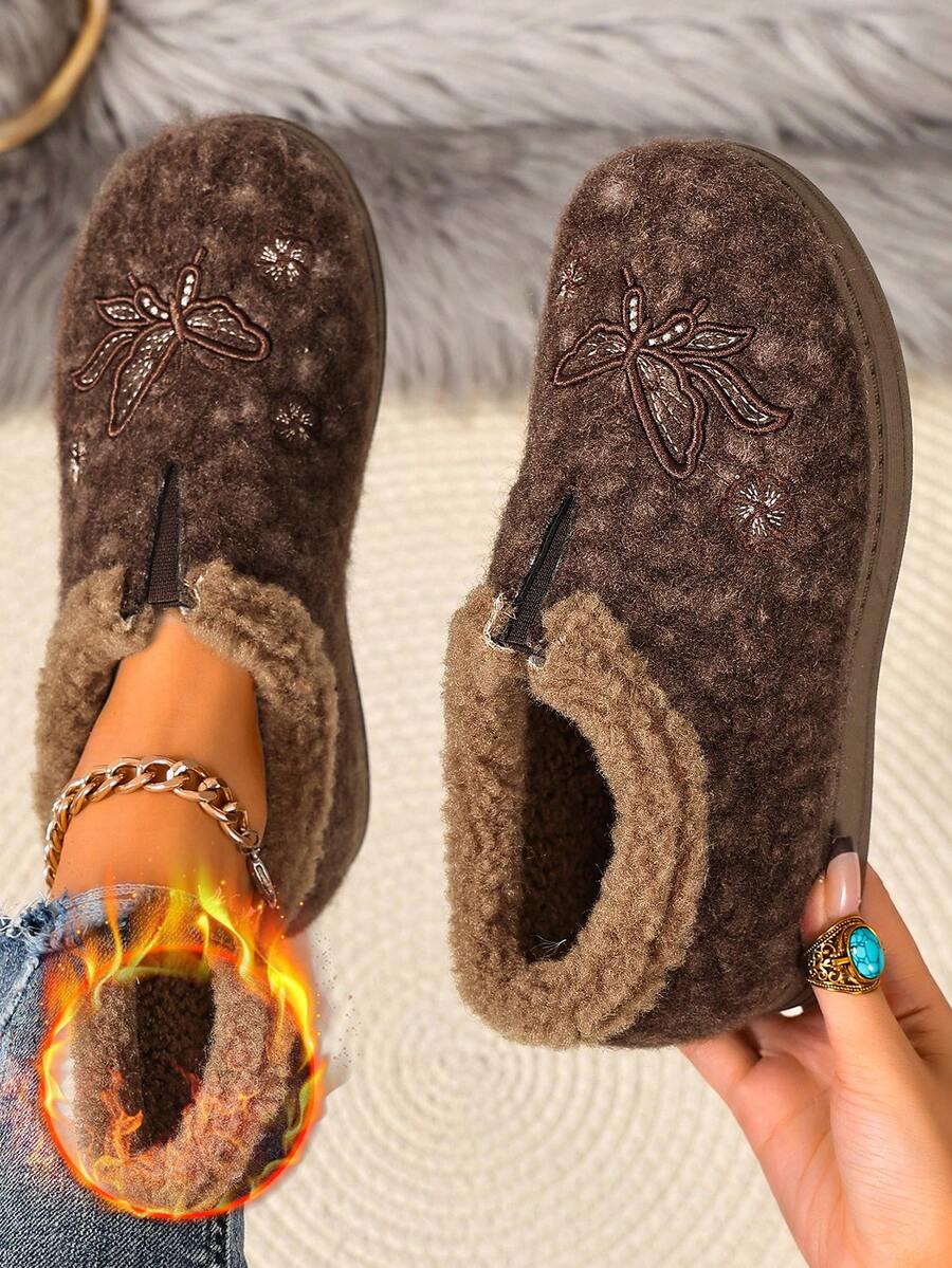 Women's Winter Thermal Lined Thick Sole Slip-On Boots, Solid Color Drawstring Design Low-Top Fashion Flat Snow Boots - Brown - View 1