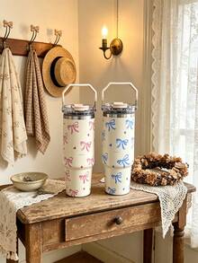 1pc 900ml (33.44oz) Valentine's Day Stainless Steel Insulated Coffee Mug With Handle And Straw, Cute Bow And Heart Design, Dual-Sip Lid For Hot And Cold Drinks, Iced Coffee And Oat Milk, Couple Water Cup Perfect For Home, Office, Outdoor Use, Ideal Gift For Best Friends, Birthday Or Christmas - Bow - View 3
