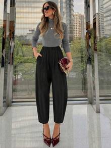Black Elastic High Waist Pleated Harem Pants, Casual Loose Cropped Pants - Black - View 4