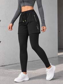 Women's Black 2-In-1 Running Shorts With Long Leggings, Drawstring Elastic Waist And Zippered Pocket For Training - Black - View 1