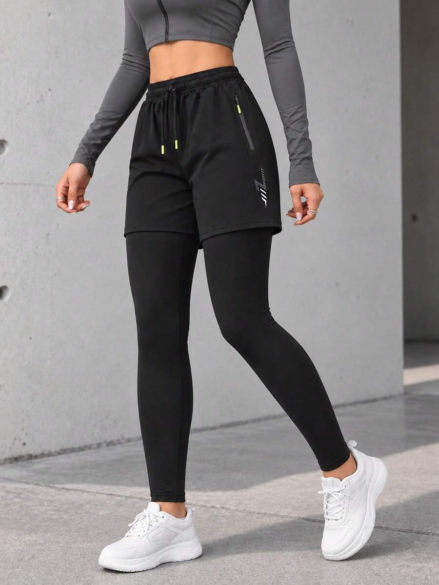 Women's Black 2-In-1 Running Shorts With Long Leggings, Drawstring Elastic Waist And Zippered Pocket For Training - Black - View 1